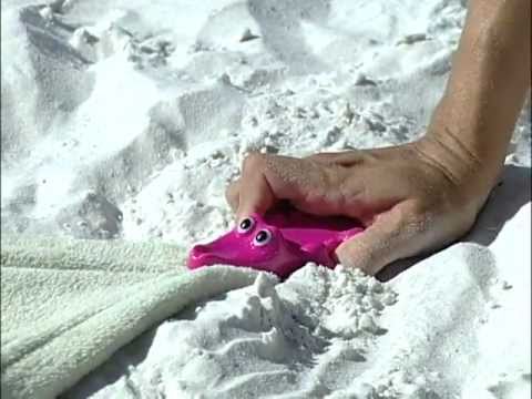 toweligator in sand holding towel
