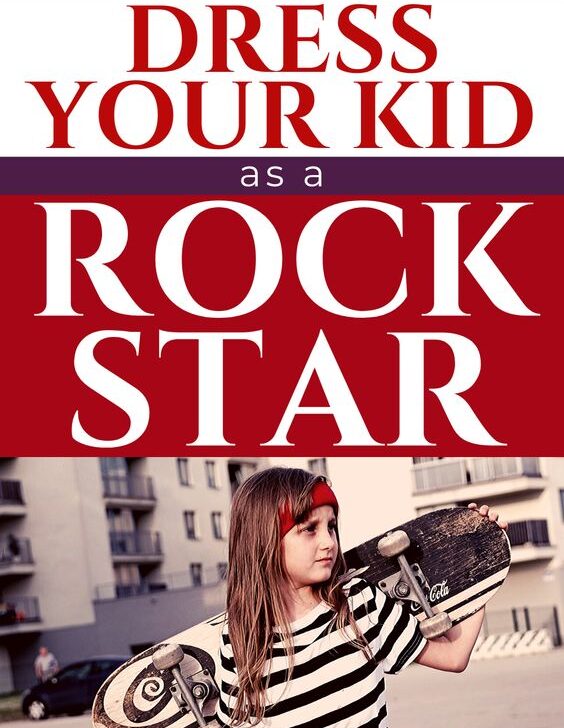 Young child dressed in trendy rock star fashion with a leather jacket, ripped jeans, and accessories.