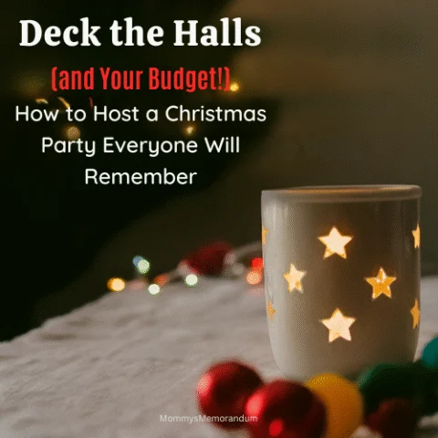 Festive Christmas party scene with glowing fairy lights, a candle holder with star cutouts, and colorful ornaments on a white tablecloth. Overlay text reads &ldquo;Deck the Halls (and Your Budget!): How to Host a Christmas Party Everyone Will Remember.&rdquo;