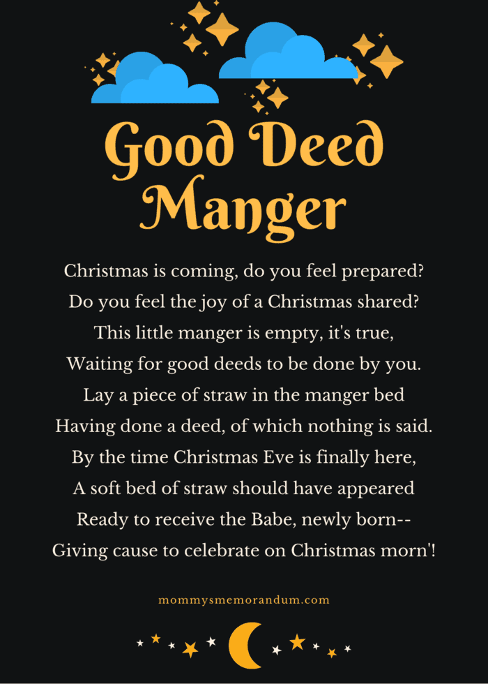 A creative Good Deed Manger filled with hay and a Baby Jesus figurine, representing family kindness activities during Christmas.