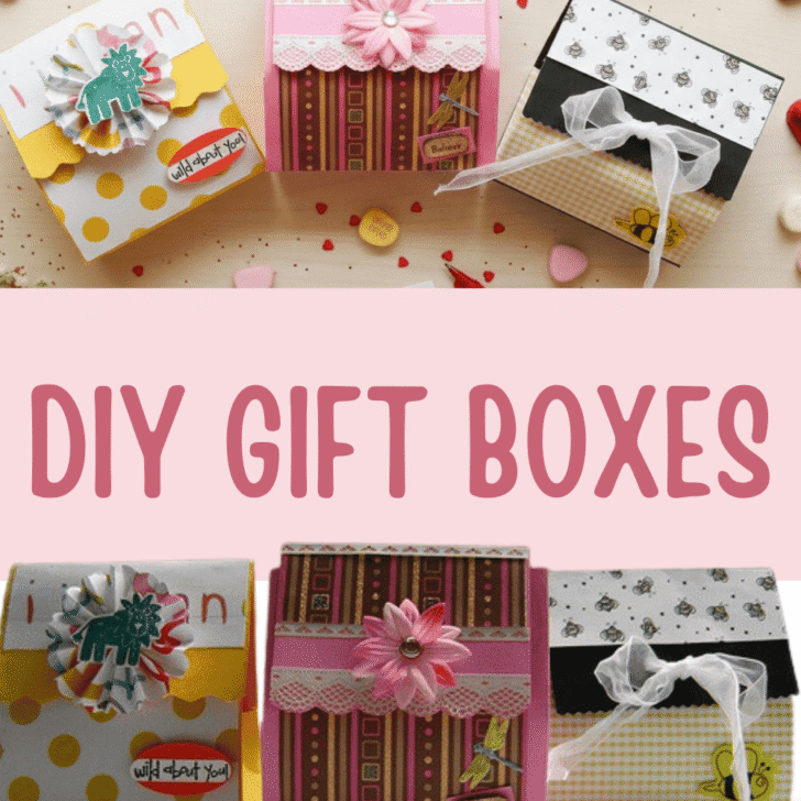 Three handmade Valentine’s Day gift boxes decorated with polka dots, lace, flowers, and themed embellishments, surrounded by heart-shaped candies, confetti, and crafting supplies in a festive flat-lay scene.