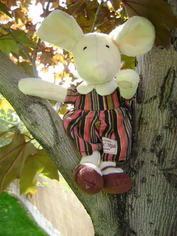 jelly cat mouse plush in tree