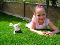 jelly cat mouse plush on grass with little girl