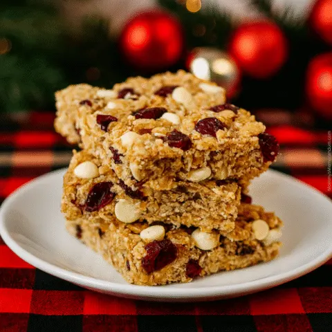 Stack of homemade white chocolate cranberry granola bars on a white plate over red buffalo plaid, surrounded by evergreen sprigs and holiday ornaments. Text overlay reads &ldquo;HOLI-YAY SNACK&rdquo; with subtitle &ldquo;White Chocolate Cranberry Granola Bars.&rdquo;