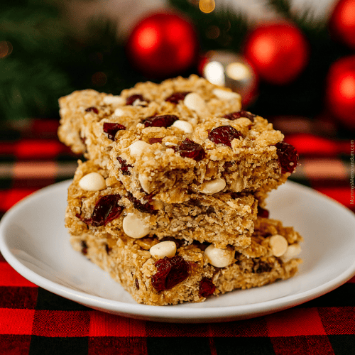 Stack of homemade white chocolate cranberry granola bars on a white plate over red buffalo plaid, surrounded by evergreen sprigs and holiday ornaments. Text overlay reads “HOLI-YAY SNACK” with subtitle “White Chocolate Cranberry Granola Bars.”