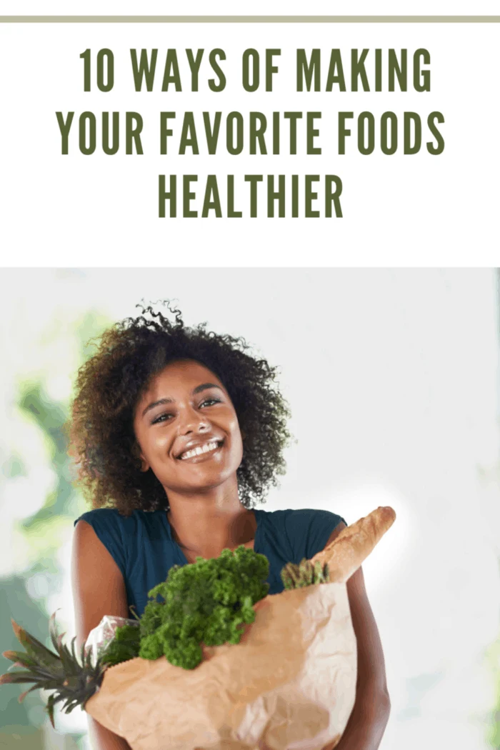 young woman carrying a grocery to make favorite foods healthier.