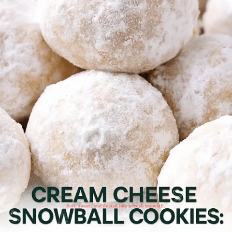 A close-up of Cream Cheese Snowball Cookies coated in powdered sugar, arranged in a festive pile. The cookies are soft, round, and snowy white, evoking a cozy winter vibe.