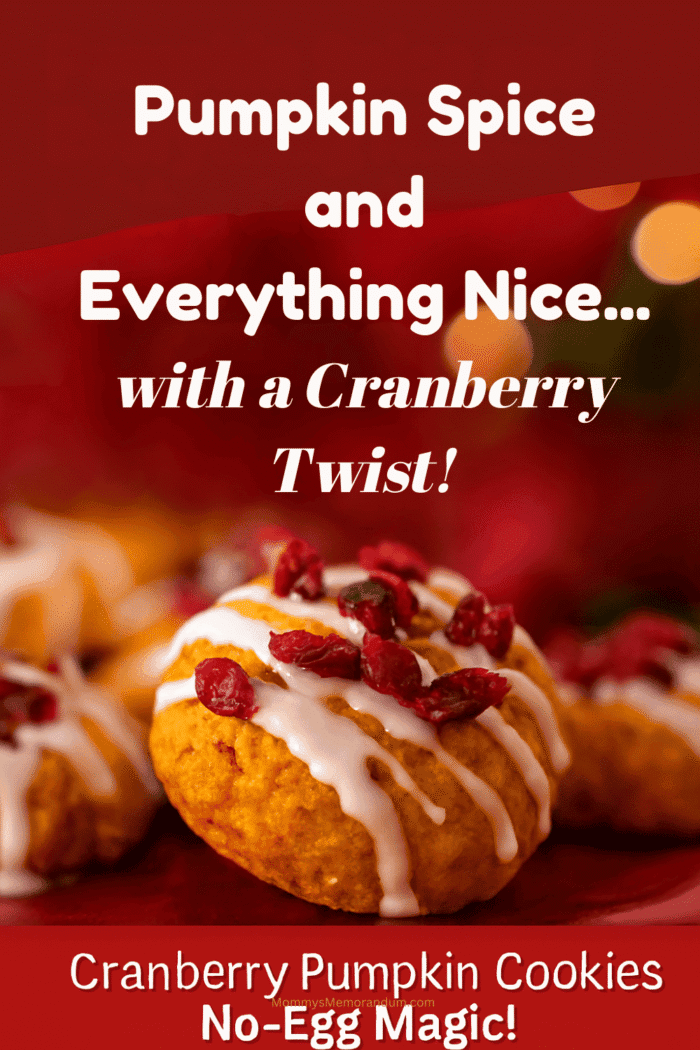 Cranberry Pumpkin Cookies (Egg-Free Fall Treats with Glaze & Craisins) Close-up of cranberry pumpkin cookies drizzled with cream cheese glaze and topped with chopped craisins, styled in warm pumpkin and cranberry tones. Perfect egg-free fall cookie recipe for holiday baking.