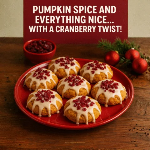 Cranberry Pumpkin Cookies drizzled with glaze and topped with chopped craisins on a festive holiday background, perfect for Christmas and fall baking.
