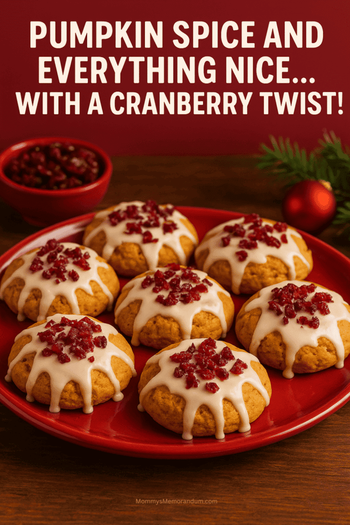 Cranberry Pumpkin Cookies – Sweet & Festive Holiday Treats Cranberry Pumpkin Cookies drizzled with glaze and topped with chopped craisins on a festive holiday background, perfect for Christmas and fall baking.