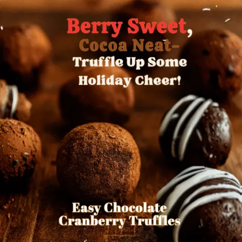 Close-up image of homemade chocolate cranberry truffles on a rustic wooden board, dusted with cocoa powder and drizzled with white frosting. Warm lighting highlights the rich texture and festive presentation, ideal for holiday gifting or dessert trays.