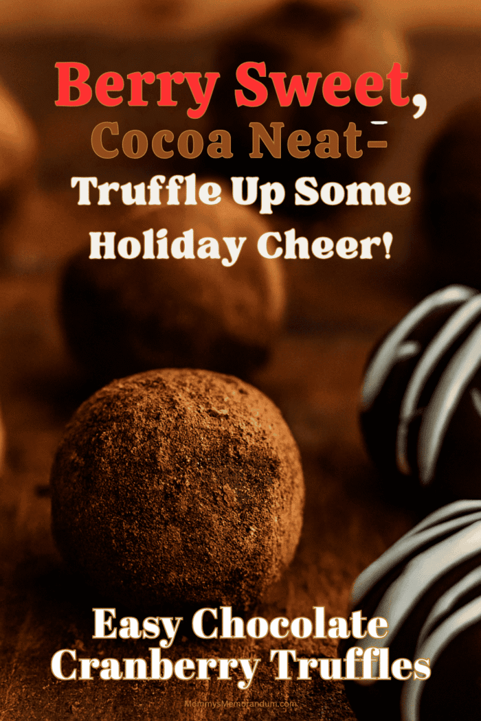 Close-up image of homemade chocolate cranberry truffles on a rustic wooden board, dusted with cocoa powder and drizzled with white frosting. Warm lighting highlights the rich texture and festive presentation, ideal for holiday gifting or dessert trays.