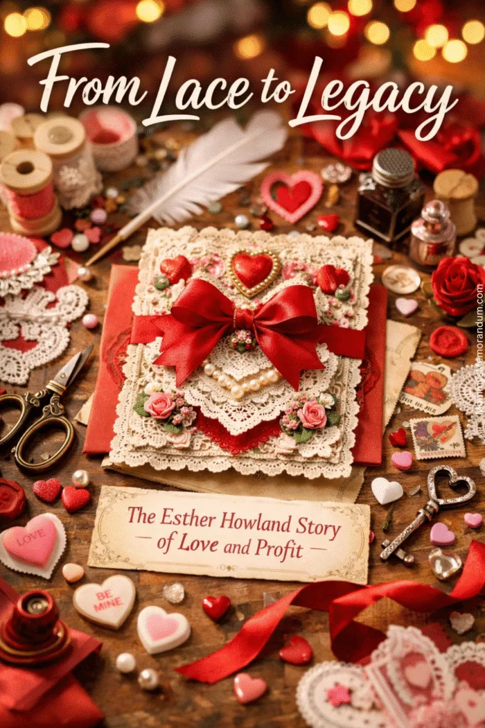 Flat-lay of a vintage-inspired Valentine card decorated with lace, ribbons, pearls, and roses, surrounded by crafting tools, Hershey&rsquo;s kisses, and heart-shaped decorations, styled in bright, warm lighting with soft bokeh background, inspired by Esther Howland&rsquo;s 19th-century Valentine designs.