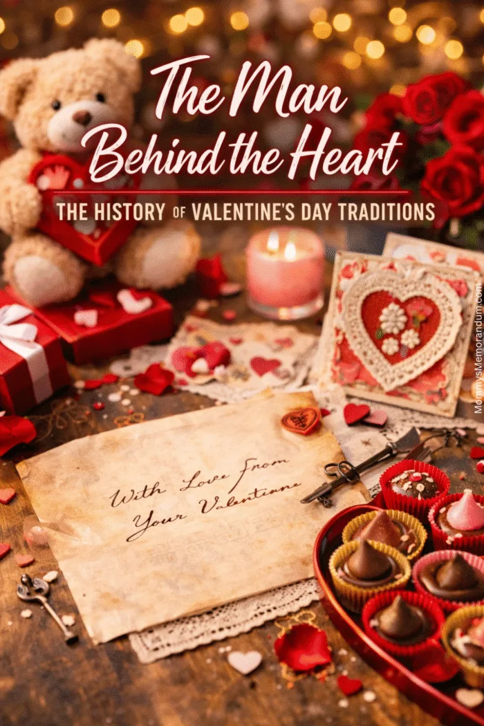 Pinterest-style flat-lay of Valentine&rsquo;s Day historical props, featuring vintage love letters, a wax-sealed envelope, chocolates, rose petals, a teddy bear, and Valentine cards, with warm, soft-focus lighting.