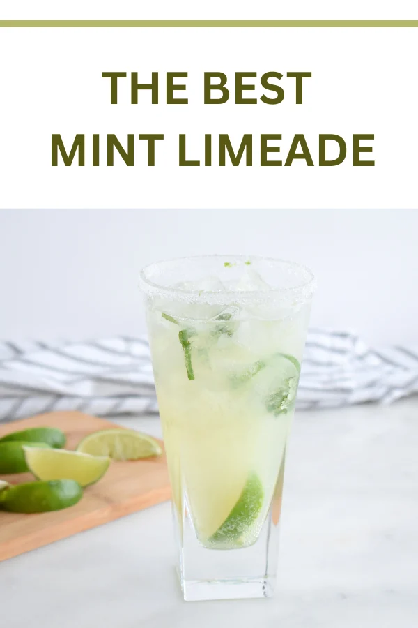 Glass of refreshing mint limeade with fresh lime slices and mint leaves, a perfect summer drink.