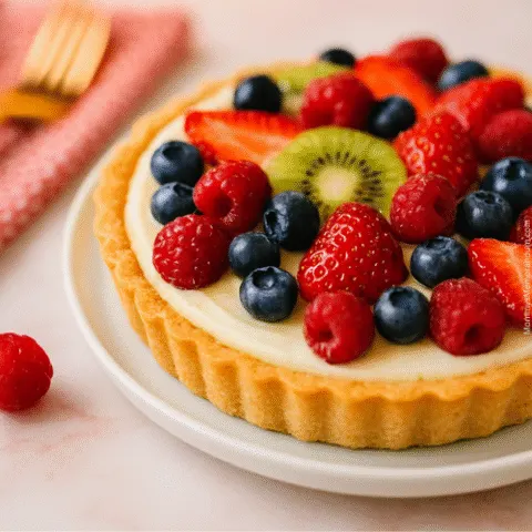 Fruit tart with golden crust, creamy filling, and fresh strawberries, raspberries, blueberries, and kiwi on a white plate with warm lighting.