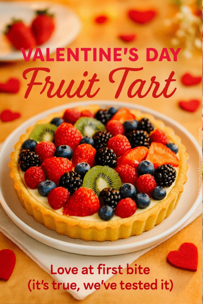 Fruit tart with golden crust, creamy filling, fresh strawberries, blackberries, blueberries, and kiwi on a white plate with heart decorations