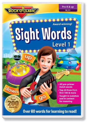 rock and learn sightwords dvd cover with cartoon graphic of man