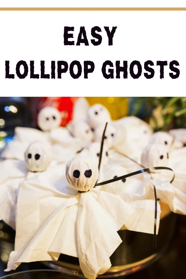 DIY spooky Tootsie Pop Ghosts with white cheesecloth and black marker for Halloween party treats.