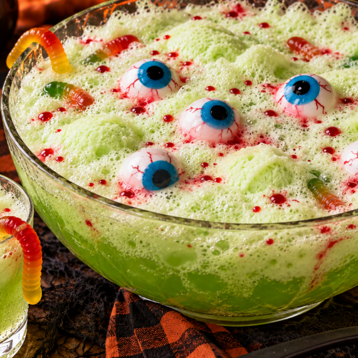 Frothy green zombie eyeball punch with blue-eyed decorations, red food coloring, and gummy worms beside a garnished glass.
