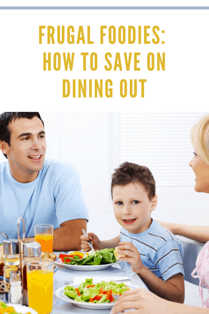 Happy family eating healthy food while saving money dining out.