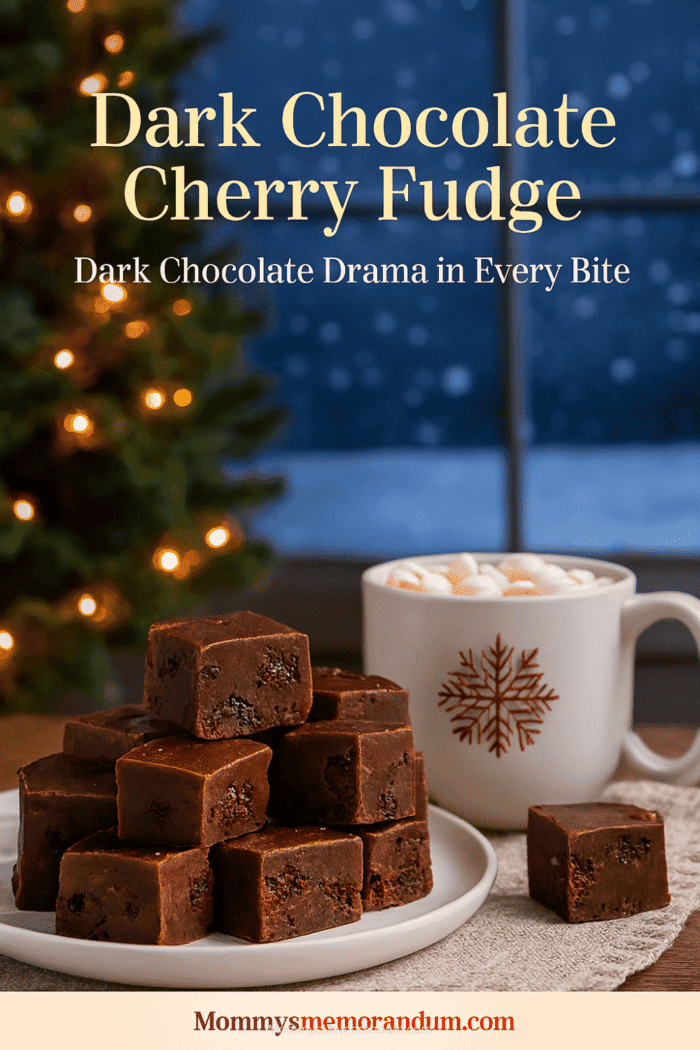 Plate of stacked dark chocolate cherry fudge beside a holiday mug of hot cocoa, with a twinkling Christmas tree and snowy window.
