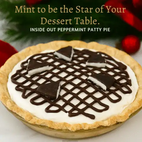 Peppermint Patty Pie with a golden crust, white mint filling, chocolate drizzle in a grid pattern, and triangular peppermint patty cookie pieces, styled with red ribbon and pine branches.