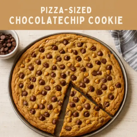 Giant pizza-sized chocolate chip cookie fresh out of the oven, golden brown and loaded with melty chocolate chips, served on a wooden board.