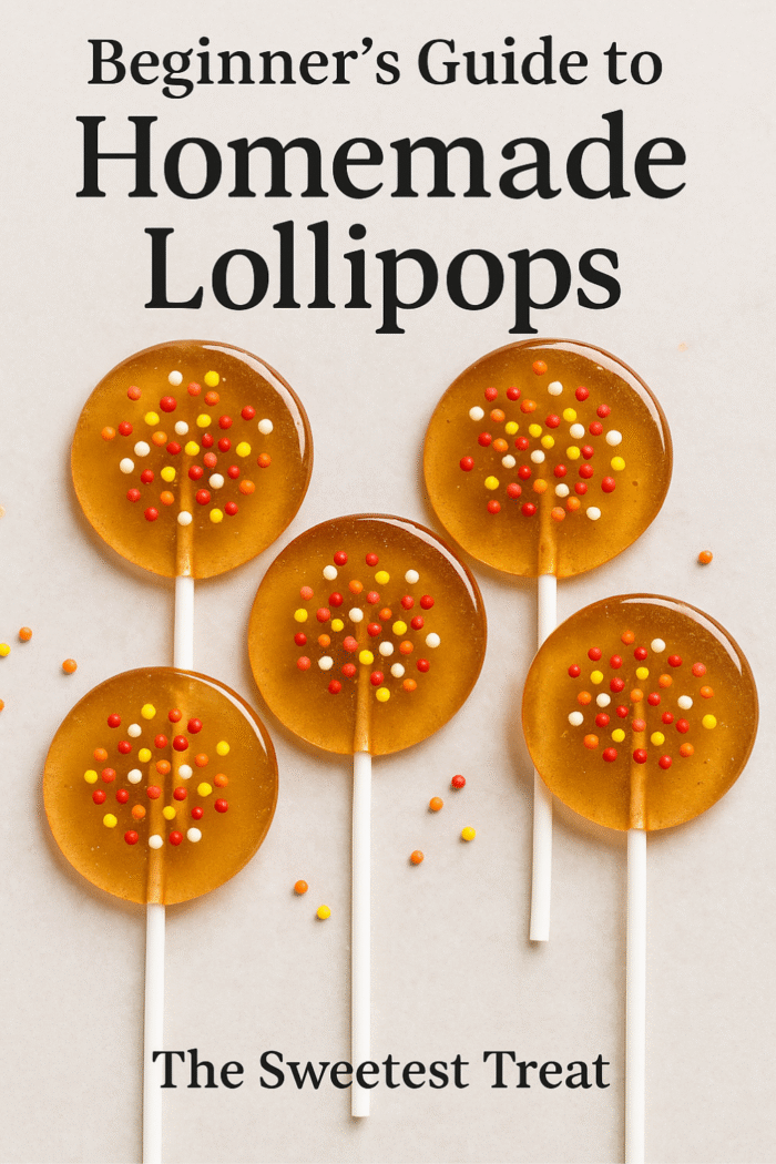 Five round homemade lollipops with colorful sprinkles on a white background, styled with text overlay that reads “Beginner’s Guide to Homemade Lollipops” and the subtitle “The Sweetest Treat” at the bottom.