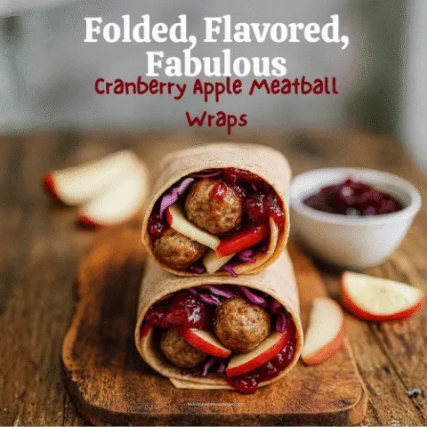 Sliced Cranberry Apple Meatball Wraps stacked on a rustic wooden board, filled with meatballs, cranberry sauce, apple slices, and red cabbage. Soft natural light highlights the textures, with a bowl of cranberry sauce and scattered apple slices in the background. Overlay text reads &ldquo;Wrap It Up & Cran-Believe It!&rdquo;