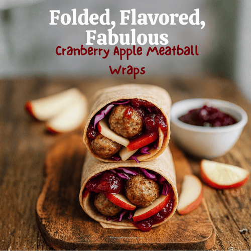 Sliced Cranberry Apple Meatball Wraps stacked on a rustic wooden board, filled with meatballs, cranberry sauce, apple slices, and red cabbage. Soft natural light highlights the textures, with a bowl of cranberry sauce and scattered apple slices in the background. Overlay text reads “Wrap It Up & Cran-Believe It!”