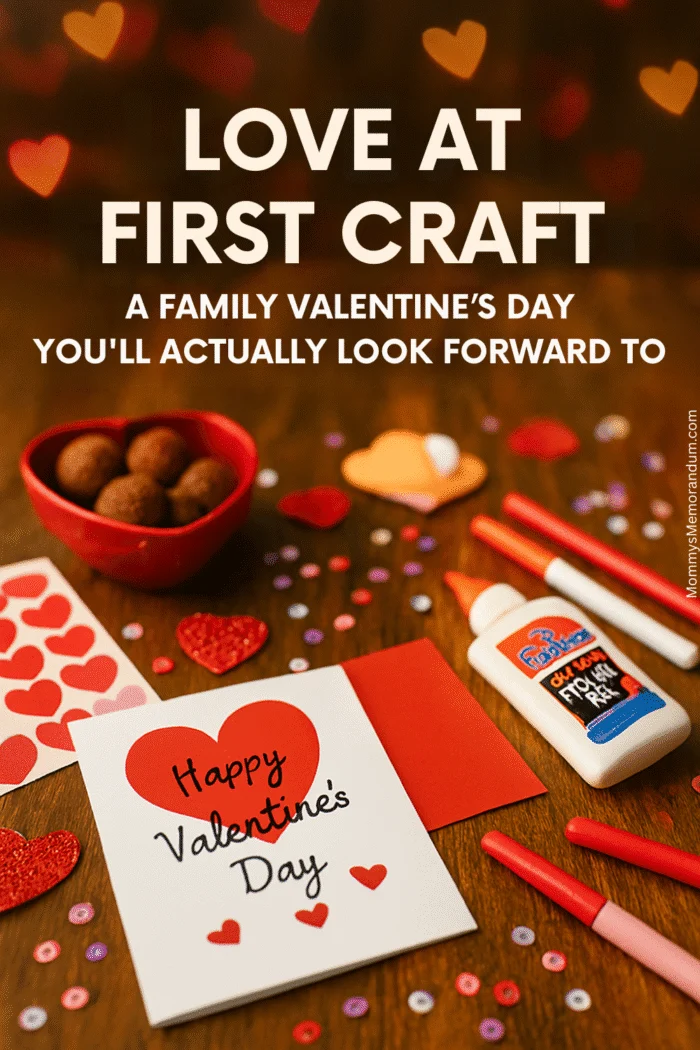 Valentine&rsquo;s Day family activities flat lay featuring handmade cards, craft supplies, chocolate truffles, and cozy decorations for an at-home celebration