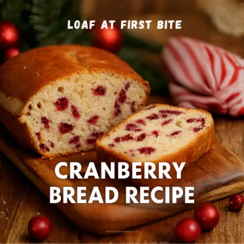 Sliced cranberry bread loaf on a wooden board, showing moist interior with cranberries, styled with festive holiday decor including pine sprigs and red ornaments. Text overlay reads &ldquo;Loaf at First Bite!&rdquo;