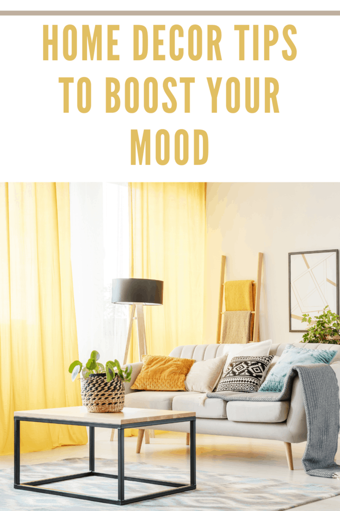 living room with yellow curtains to help boost your mood.