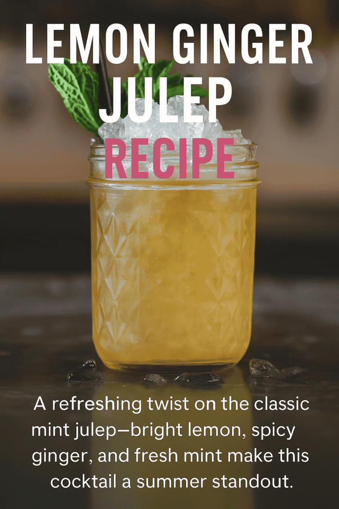 Mint julep inspired lemon ginger cocktail with fresh mint, lemon tea, ginger syrup, and sparkling club soda