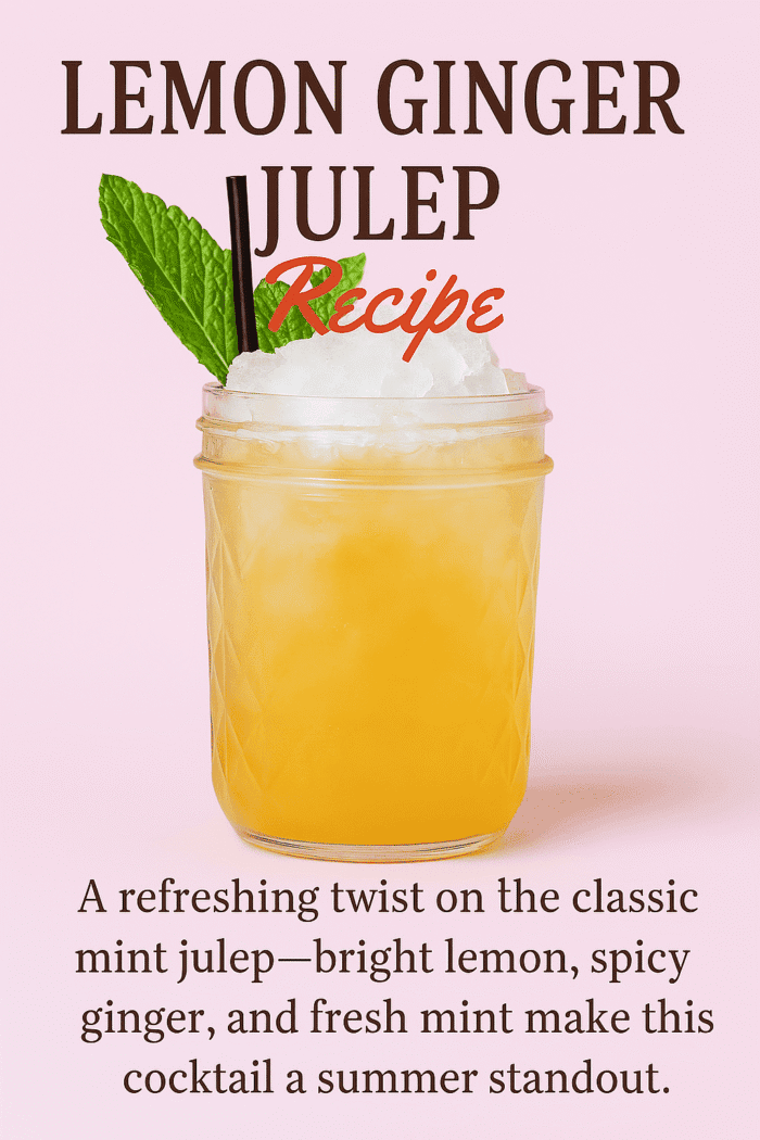 Refreshing lemon ginger julep with fresh mint, lemon iced tea, ginger syrup, club soda, and candied ginger garnish