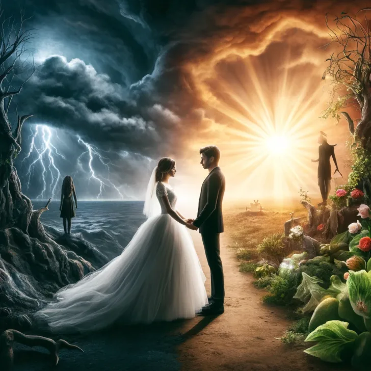 A bride and groom holding hands, standing between a stormy landscape and a sunny, vibrant scenery, symbolizing the ups and downs of marriage.