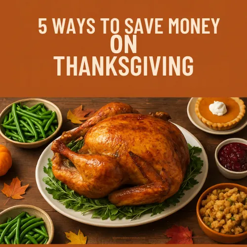A festive Thanksgiving table with autumn decor, surrounded by savings tips overlay text reading &ldquo;5 Ways to Save on Thanksgiving.&rdquo;
