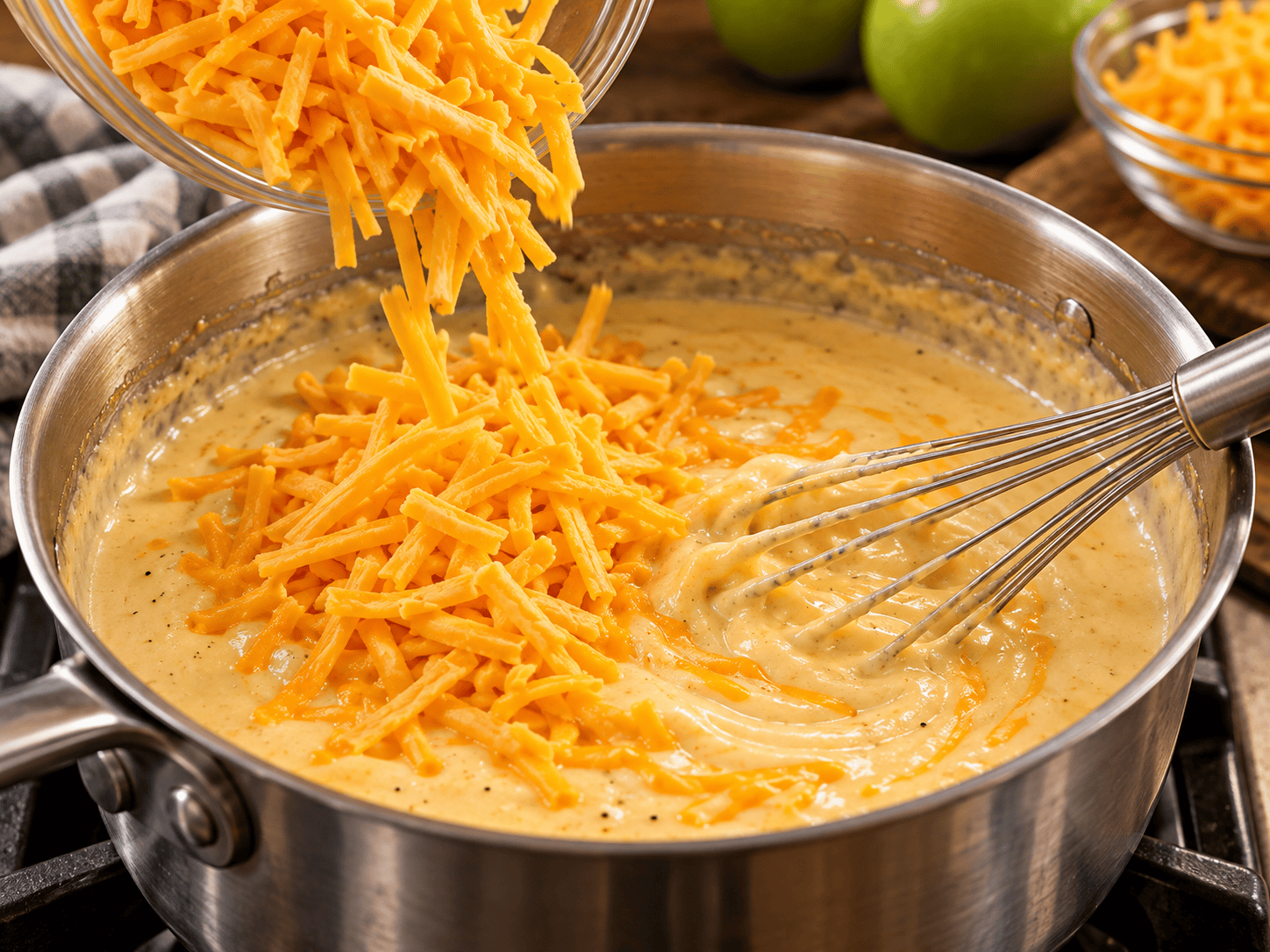 Shredded cheddar cheese added to creamy sauce for Kielbasa Apple Pasta Bake