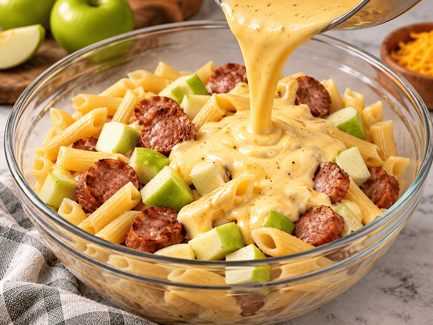 Cheddar cheese sauce poured over penne, kielbasa, and Granny Smith apples