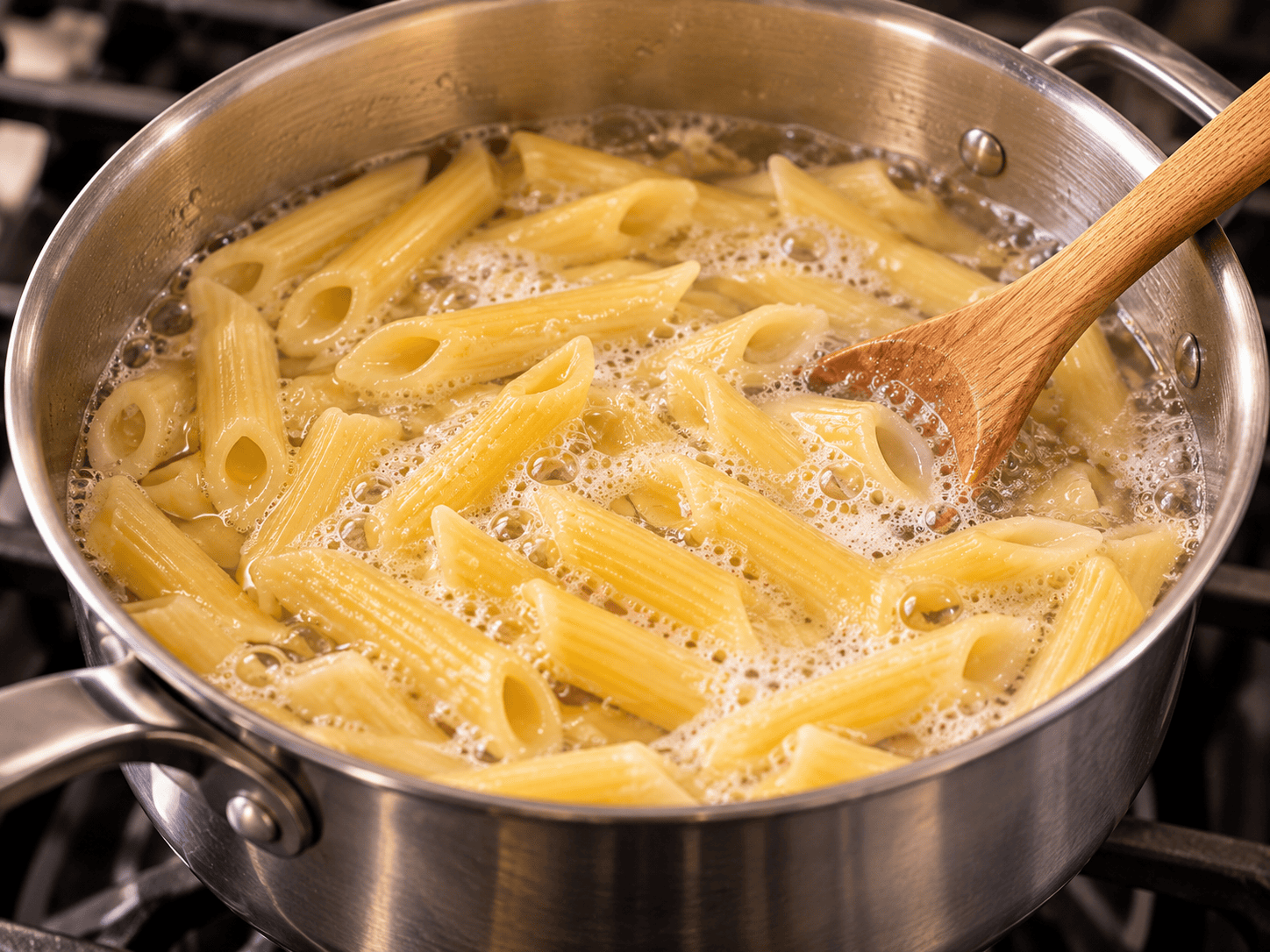 Penne pasta cooking in boiling water for Kielbasa Apple Pasta Bake