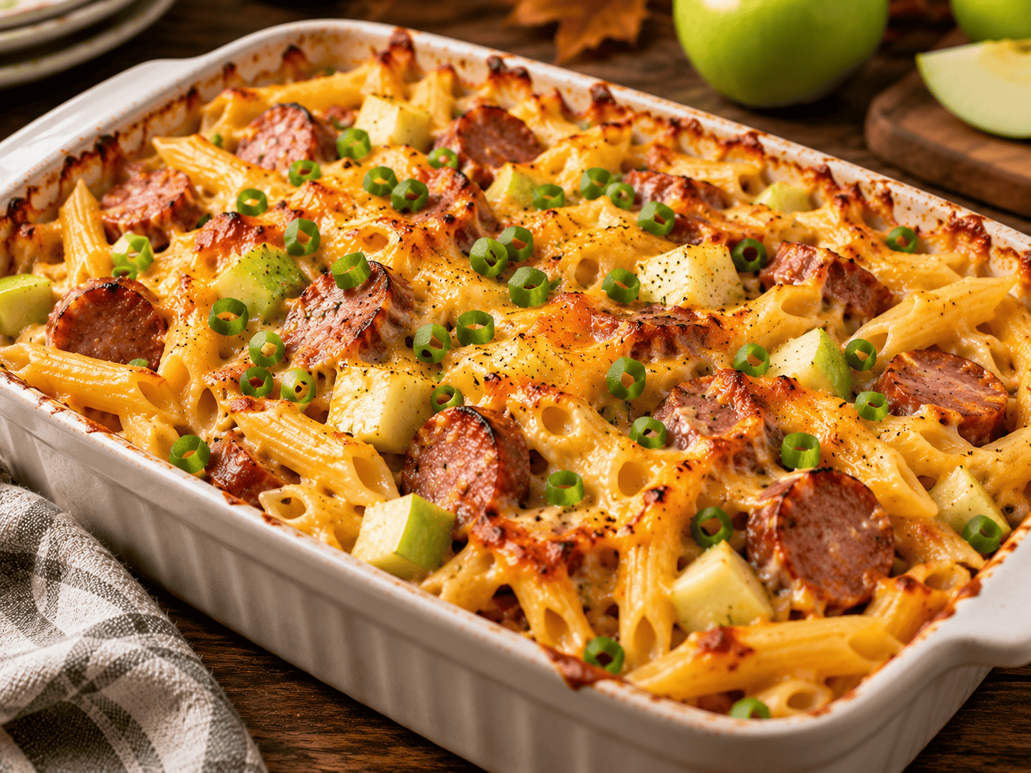 Freshly baked Kielbasa Apple Pasta Bake with melted cheddar and browned edges