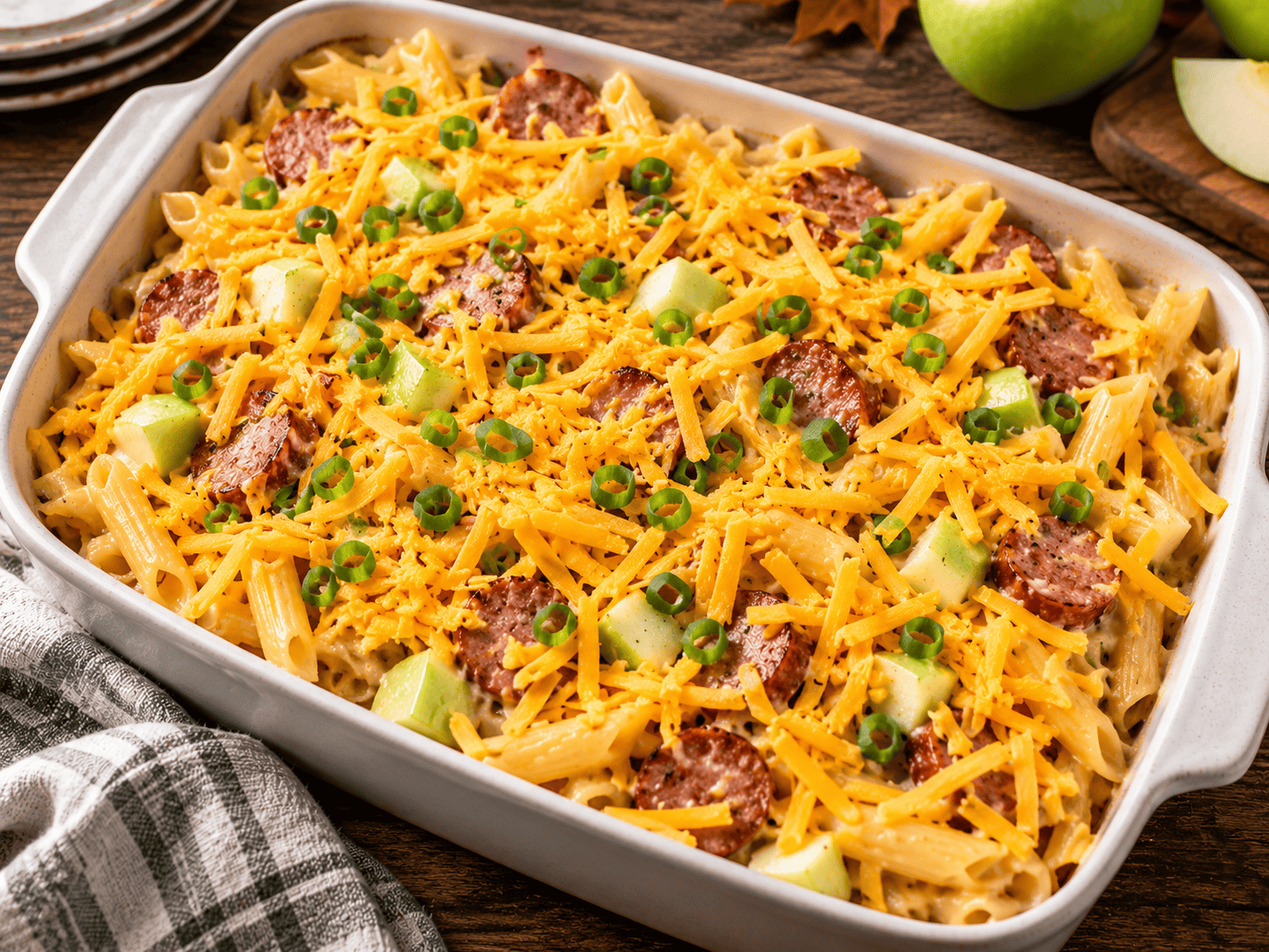 Kielbasa Apple Pasta Bake assembled with penne, apples, sausage, and cheddar before baking