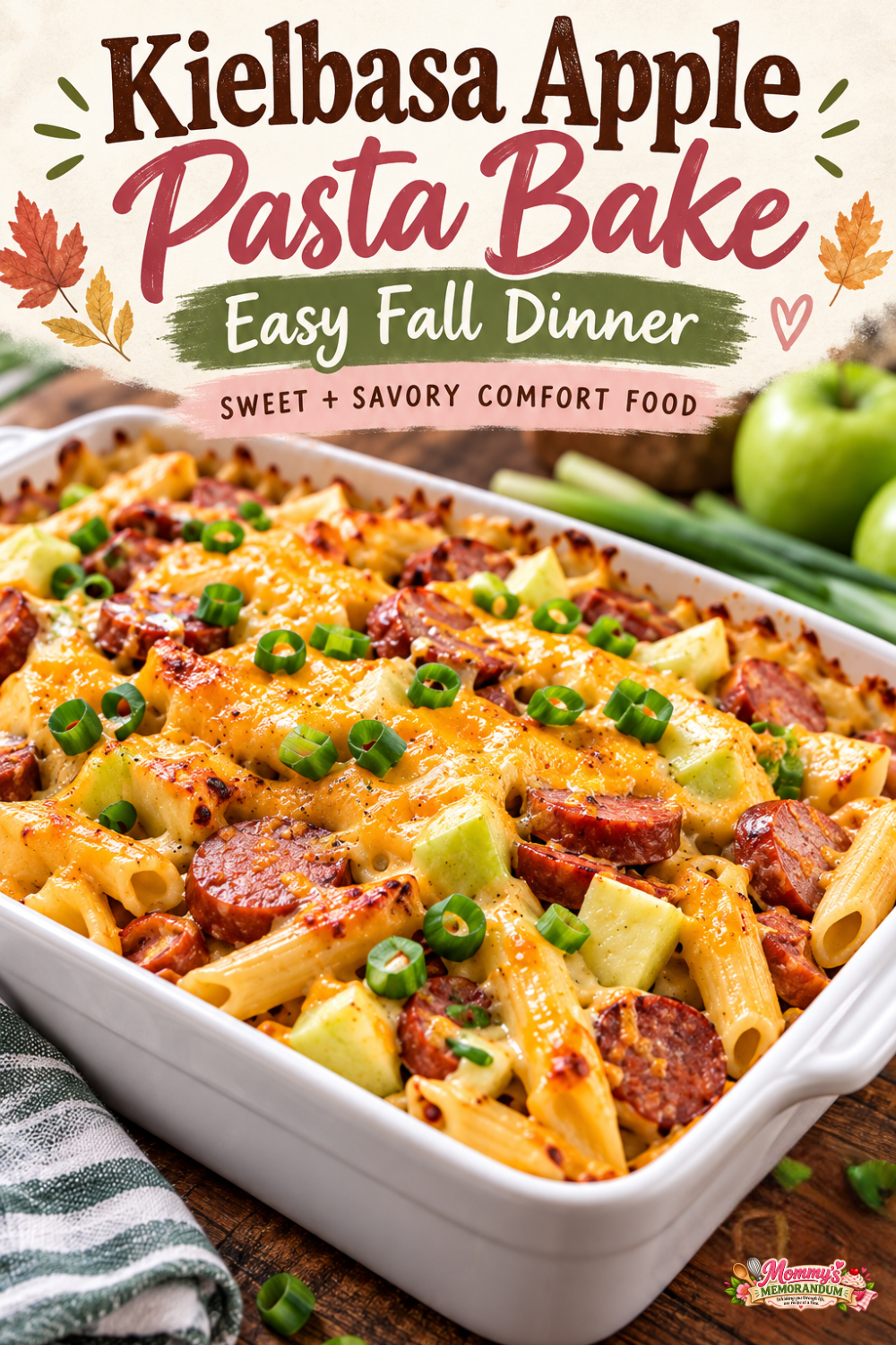 Pinterest graphic for Kielbasa Apple Pasta Bake with kielbasa, Granny Smith apples, penne, and cheddar cheese
