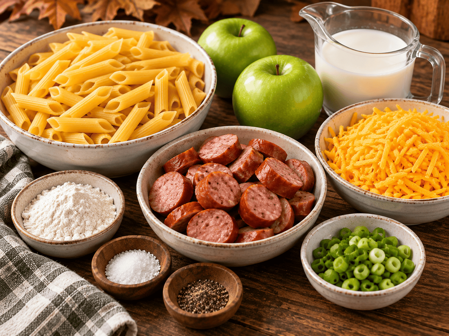 Ingredients for Kielbasa Apple Pasta Bake including penne, kielbasa, Granny Smith apples, cheddar, milk, and green onions