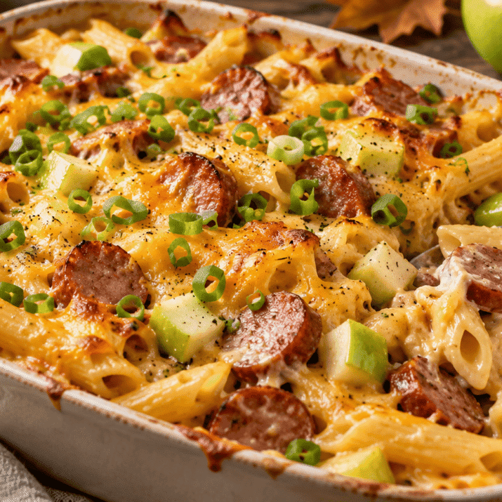 Kielbasa Apple Pasta Bake with penne, Granny Smith apples, cheddar cheese, and green onions