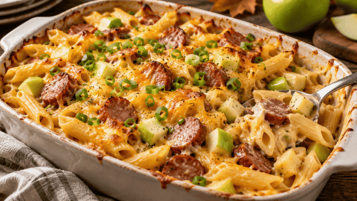 Kielbasa Apple Pasta Bake with penne, Granny Smith apples, cheddar cheese, and green onions