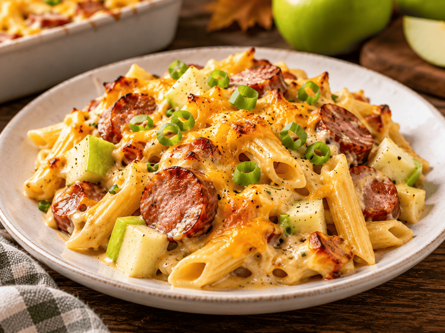 Serving of Kielbasa Apple Pasta Bake with creamy penne, sausage, apples, cheddar, and green onions