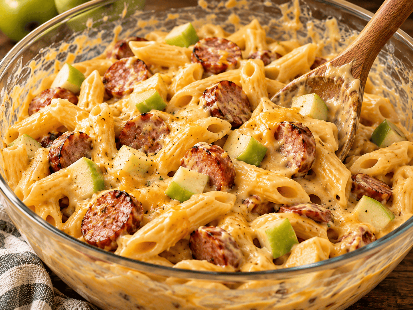 Penne pasta mixed with kielbasa, Granny Smith apples, and creamy cheddar sauce