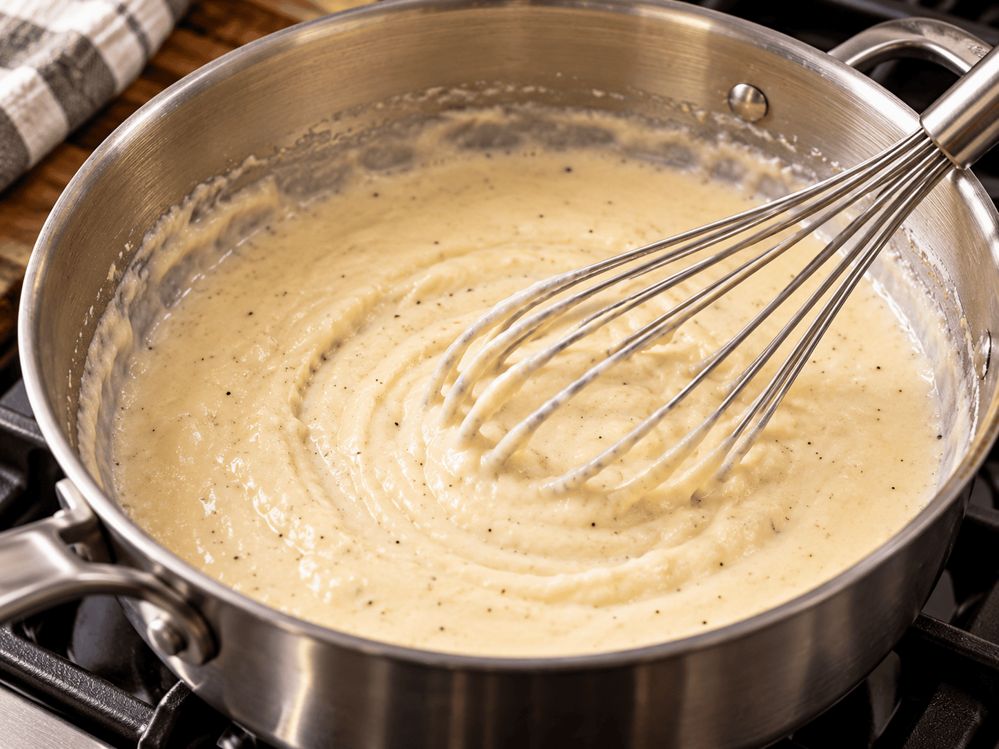 Milk and flour sauce being whisked in a saucepan for Kielbasa Apple Pasta Bake